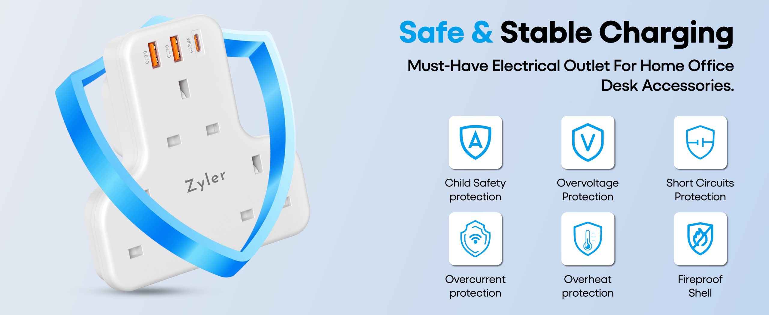 Product name: Zyler 6-in-1 UK Plug Extender: 3250W Surge Protector, 3 AC + PD 20W USB-C & Dual QC3.0 Ports - Image 7
